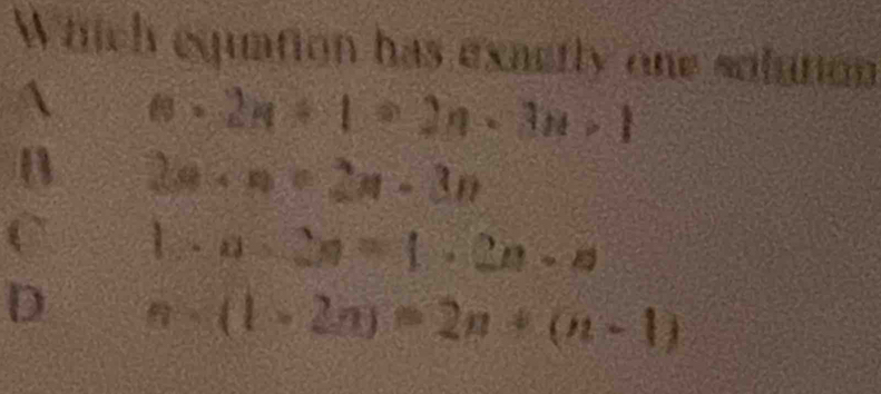 Which equation has exactly one solution
m· 2n+1· 2n· 3n· 1
B 2a+n=2n-3n
C 1.a:2n=1· 2n· n
D n (1-2n)=2n+(n-1)