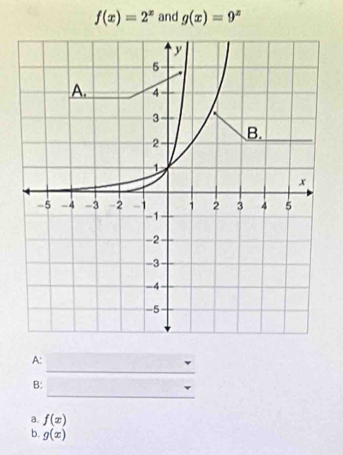 f(x)=2^x and g(x)=9^x
_
A:
_
B:
a. f(x)
b. g(x)