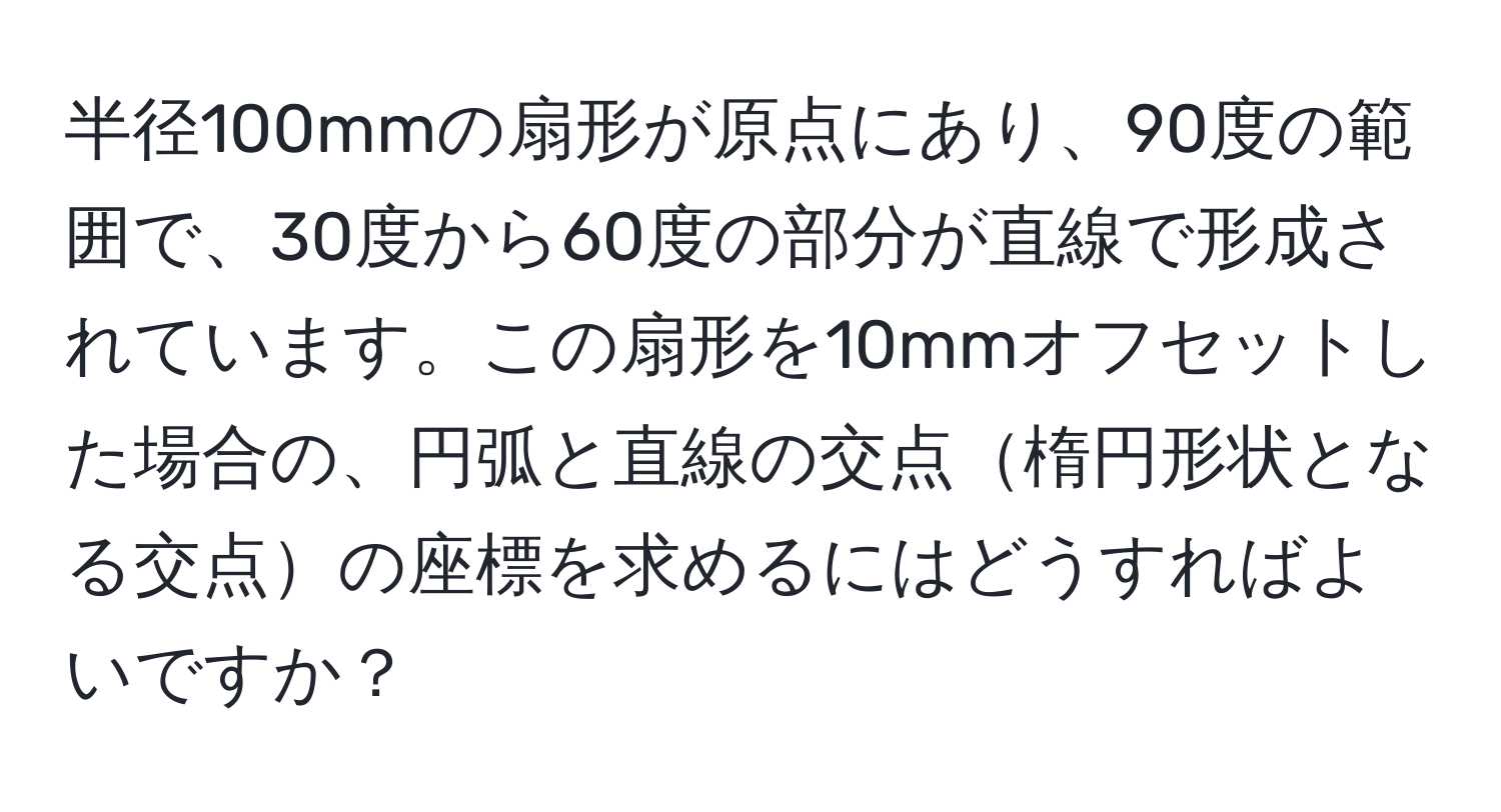 半径100mmの扇形が原点にあり、90度の範囲で、30度から60度の部分が直線で形成されています。この扇形を10mmオフセットした場合の、円弧と直線の交点楕円形状となる交点の座標を求めるにはどうすればよいですか？