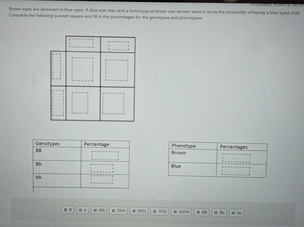 POSSIBLL POINT 5 1425 
Brown eyes are dominant to blue eyes. A blue eye man and a homozygous brown eye women want to know the probability of having a blue eyed child. 
Complete the following punnett square and fill in the percentages for the genotypes and phenotypes. 
Percentages 
Phenotype 
Brown 
A 
J 
Blue 
1 
:: B :: b :: 0% :: 25% :: 50% :: 75% ：: 100% :: BB : Bb :: bb