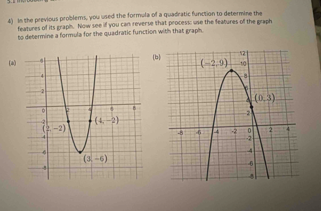 In the previous problems, you used the formula of a quadratic function to determine the
features of its graph. Now see if you can reverse that process: use the features of the graph
to determine a formula for the quadratic function with that graph.
(a)
(b)