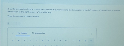 Write an equation for the proportional relationship, representing the Information in the left column of the table as a and the 
information in the right column of the table as p
Type the answer in the box below. 
Keypad % Intermediate
4 w @ r f ν 0 p 7 9