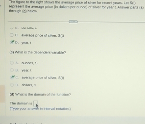 The figure to the right shows the average price of silver for recent years. Let S(1)
through (g) below. represent the average price (in dollars per ounce) of silver for year t. Answer parts (a)
C. average price of silver, S()
D. year, t
(c) What is the dependent variable?
A. ounces, S
B. year, t
C. average price of silver. S(t)
(). dollars, x
(d) What is the domain of the function?
The domain is
(Type your answer in interval notation.)