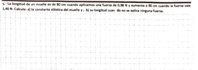 5.- La longitud de un muelle es de 80 cm cuando aplicamos una fuerza de 0,98 N y aumenta a 90 cm cuando la fuerza vale
1,40 N. Calcula: a) la constante elástica del muelle y; b) su longitud cuan do no se aplica ninguna fuerza.