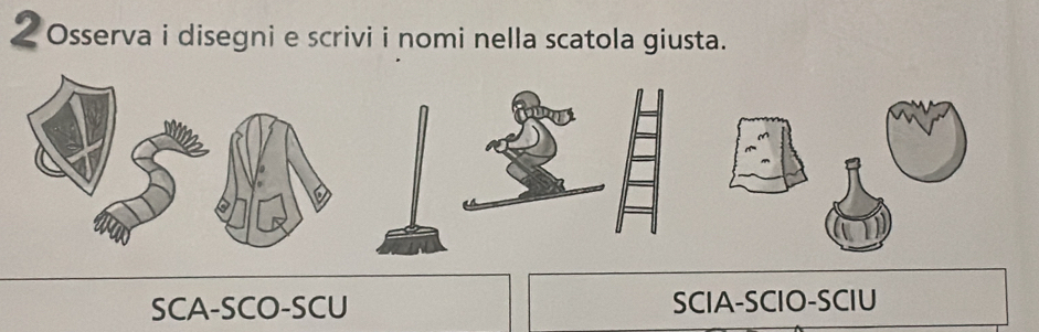 Osserva i disegni e scrivi i nomi nella scatola giusta. 
SCA-SCO-SCU SCIA-SCIO-SCIU