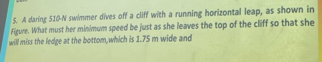 A daring 510-N swimmer dives off a cliff with a running horizontal leap, as shown in 
Figure. What must her minimum speed be just as she leaves the top of the cliff so that she 
will miss the ledge at the bottom,which is 1.75 m wide and