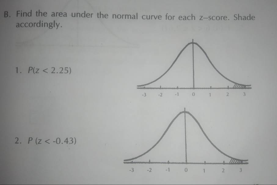 Find the area under the normal curve for each z-score. Shade 
accordingly. 
1. P(z<2.25)
2. P(z