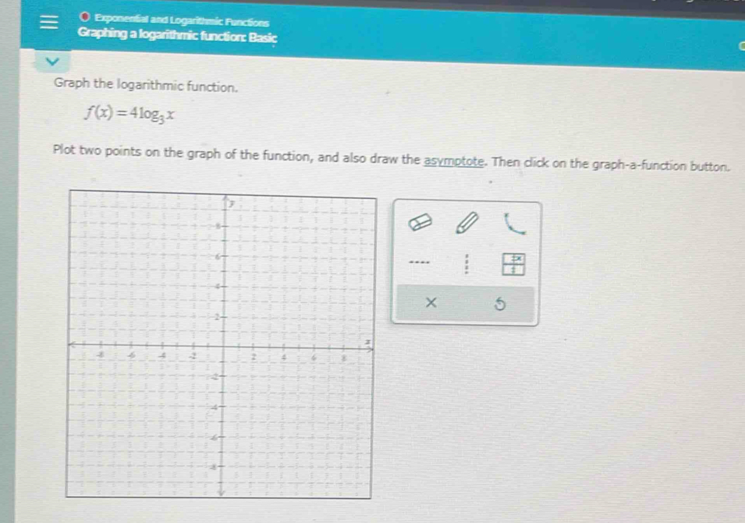 Exponenfial and Logarithmic Functions 
Graphing a logarithmic function: Basic 
Graph the logarithmic function.
f(x)=4log _3x
Plot two points on the graph of the function, and also draw the asymptote. Then click on the graph-a-function button.