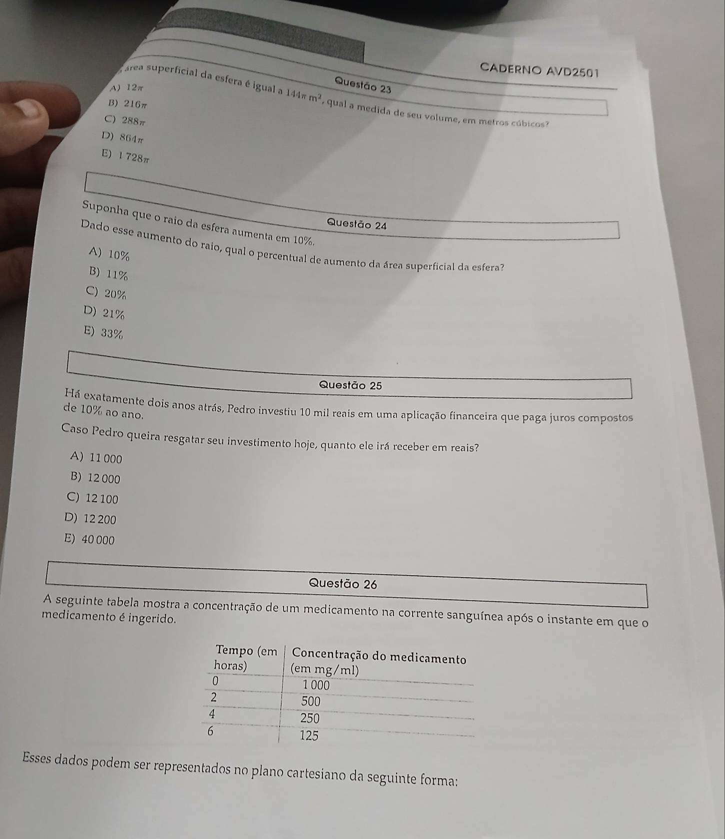 CADERNO AVD2501
A) 12π
Questão 23
área superficial da esfera é igual a 144π m^2 y qual a medida de seu volume, em metros cúbicos?
B) 216π
C) 288π
D) 864π
E) 1 728π
Questão 24
Suponha que o raio da esfera aumenta em 10%.
Dado esse aumento do raio, qual o percentual de aumento da área superficial da esfera?
A) 10%
B) 11%
C) 20%
D) 21%
E) 33%
Questão 25
Há exatamente dois anos atrás, Pedro investiu 10 mil reais em uma aplicação financeira que paga juros compostos
de 10% ao ano.
Caso Pedro queira resgatar seu investimento hoje, quanto ele irá receber em reais?
A) 11 000
B) 12 000
C) 12 100
D) 12 200
E) 40 000
Questão 26
A seguinte tabela mostra a concentração de um medicamento na corrente sanguínea após o instante em que o
medicamento é ingerido.
Esses dados podem ser representados no plano cartesiano da seguinte forma: