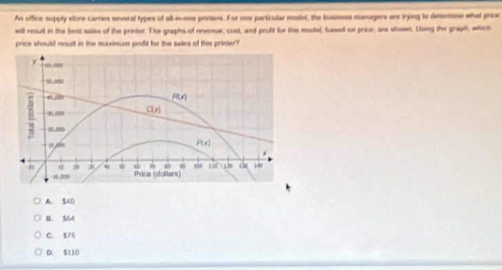 An office supply store carries several types of all-in-one printars. For one particular moded, the business munagers are trying to deltermine what price
will result in the best sales of the printer. The graphs of revenue, cost, and profit for this model, based on price, are shown. Using the graph, which
price should resull in the maximum profit for the sales of this printer?
y
20.000
f(x)
B ∞0,000
C(x)
20,090
19 6o P(x)
x
20 ∞0 90 ∞0 tóa 10 129 140
10.000 Prica (dollers)
A. 340
B. 364
C. 375
D. $110