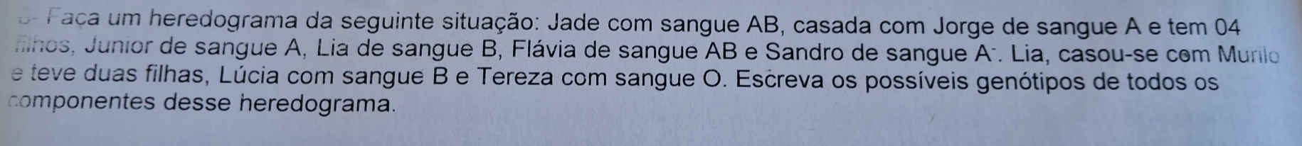 Faca um heredograma da seguinte situação: Jade com sangue AB, casada com Jorge de sangue A e tem 04
filhos, Junior de sangue A, Lia de sangue B, Flávia de sangue AB e Sandro de sangue Aí. Lia, casou-se com Murilo 
e teve duas filhas, Lúcia com sangue B e Tereza com sangue O. Escreva os possíveis genótipos de todos os 
componentes desse heredograma.