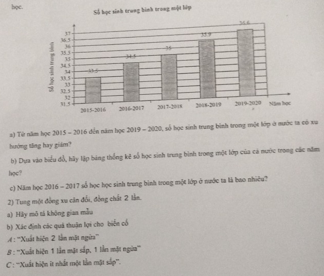 học.
Số học sinh trung bình trong một lớp
a) Từ năm học 2015 - 2016 đến năm học 2019 - 2020, số học sinh trung binh trong một lớp ở nước ta có xu
hướng tăng hay giảm?
b) Dựa vào biểu đồ, hãy lập bảng thống kê số học sinh trung bình trong một lớp của cả nước trong các năm
học?
c) Năm học 2016 - 2017 số học học sinh trung bình trong một lớp ở nước ta là bao nhiều?
2) Tung một đồng xu cân đổi, đồng chất 2 lần.
a) Hày mô tả không gian mẫu
b) Xác định các quả thuận lợi cho biển cổ
A : 'Xuất hiện 2 lần mặt ngữa”
B : ''Xuất hiện 1 lần mặt sắp, 1 lần mặt ngừa”
C : “Xuất hiện it nhất một lần mặt sắp”.