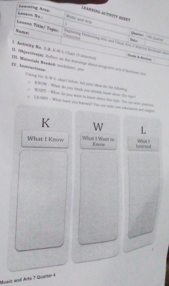 ian 
g the K-W-L chart below, list your ideas for the following 
KNOW - What do you think you already know about this topic? 
WANT - What do you want to know about this topic. You can write questions. 
LEARN - What have you learned? You can write new information and insights. 
K 
W 
What I Know What I Want to What I 
Know Learned 
Music and Arts 7 Quarter 4