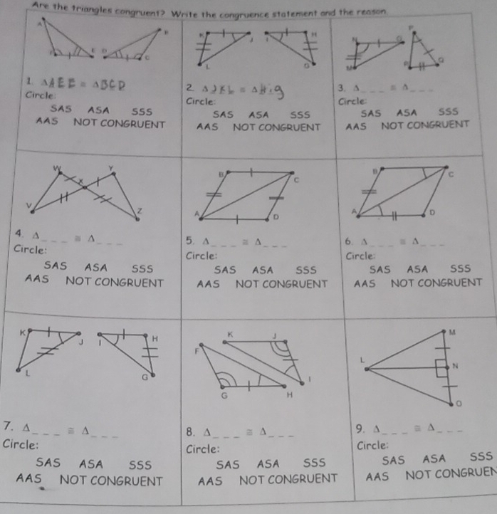 Are the triangles congruent? Write the congruence statement and the reason
4.
Ci
NT
7. 
Circ
SSS
AUEN