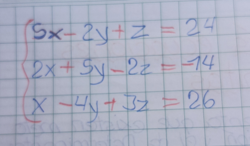 beginarrayl 5x-2y+z=34 2x+5y-224=26 y