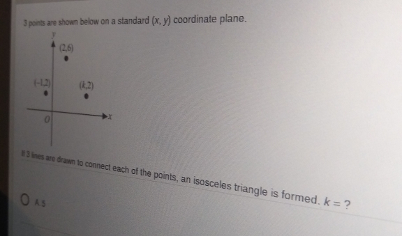 are shown below on a standard (x,y) coordinate plane.
ll 3 lines are drawn to connect each of the points, an isosceles triangle is formed. k= ?
A. 5