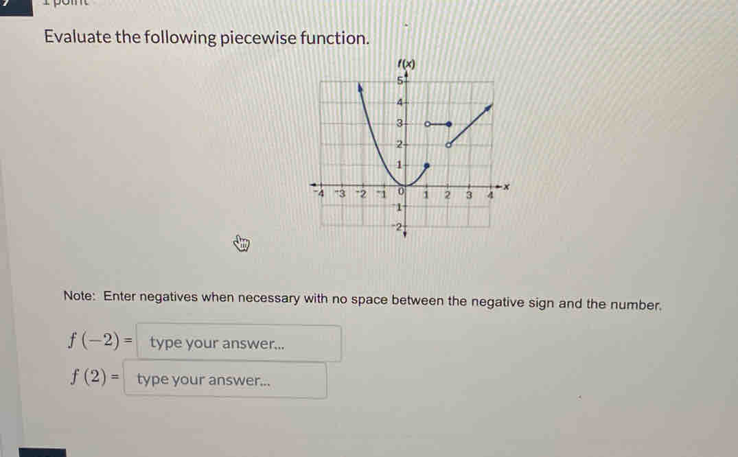 Evaluate the following piecewise function.
Note: Enter negatives when necessary with no space between the negative sign and the number.
f(-2)= type your answer...
f(2)= type your answer...