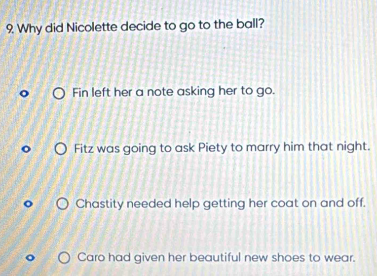 Why did Nicolette decide to go to the ball?
Fin left her a note asking her to go.
Fitz was going to ask Piety to marry him that night.
Chastity needed help getting her coat on and off.
Caro had given her beautiful new shoes to wear.