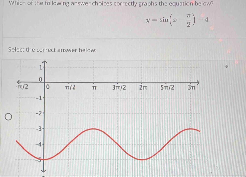 Which of the following answer choices correctly graphs the equation below?
y=sin (x- π /2 )-4
Select the correct answer below: