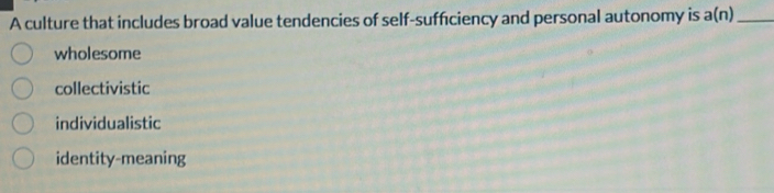 A culture that includes broad value tendencies of self-sufficiency and personal autonomy is a(n) _
wholesome
collectivistic
individualistic
identity-meaning