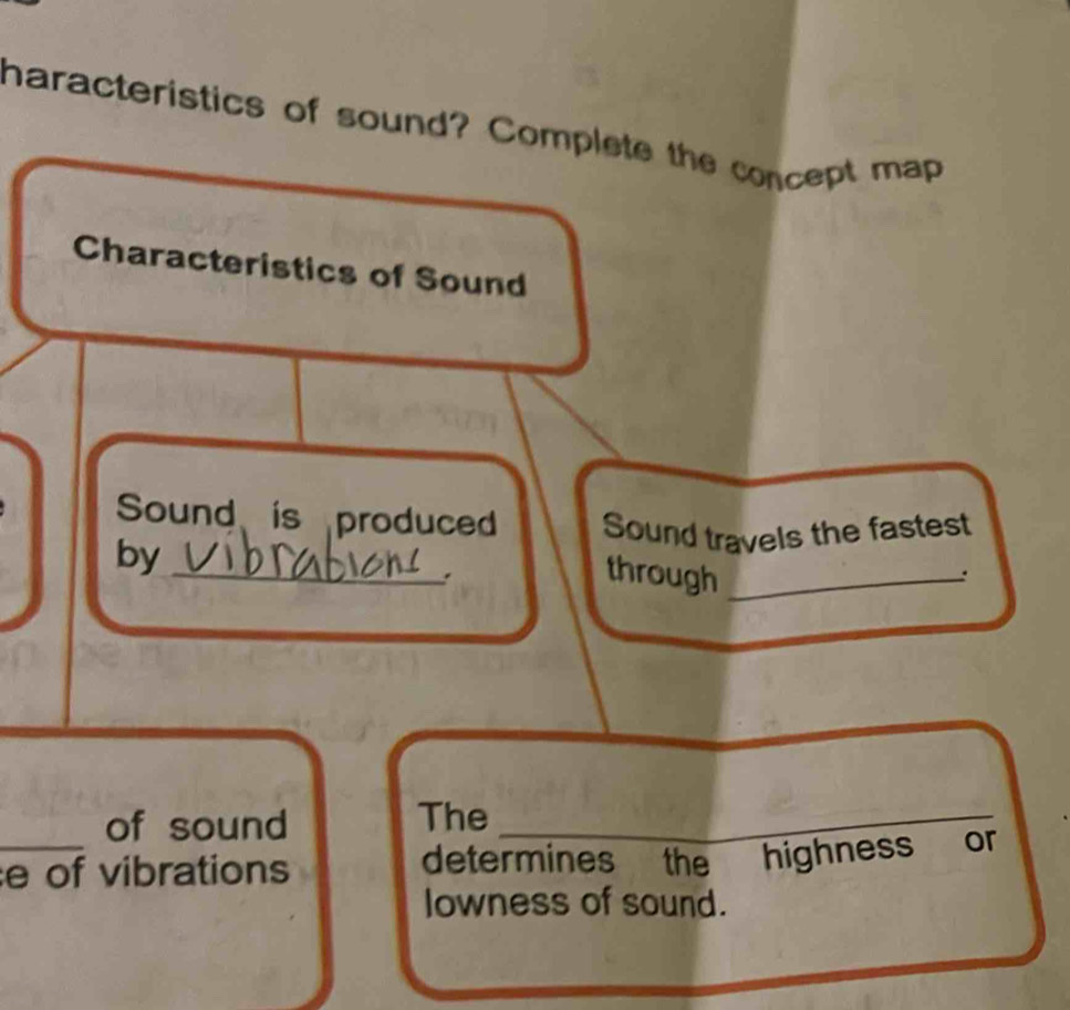 haracteristics of sound? Complete the concept map 
Characteristics of Sound 
Sound is produced Sound travels the fastest 
by 
_ 
. 
through_ 
. 
_ 
of sound The_ 
e of vibrations 
determines the l highness or 
lowness of sound.