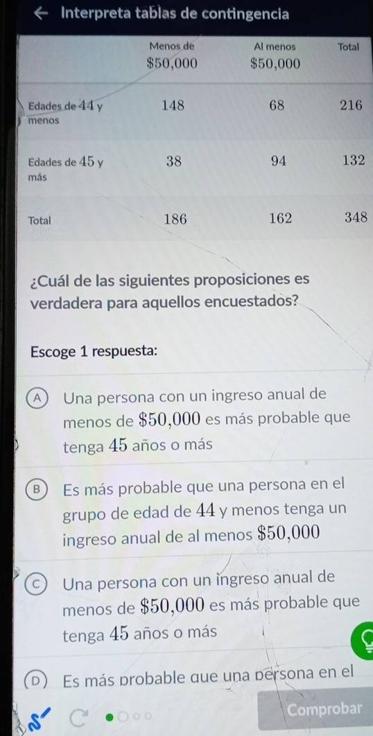 Interpreta tablas de contingencia
2
8
¿Cuál de las siguientes proposiciones es
verdadera para aquellos encuestados?
Escoge 1 respuesta:
A) Una persona con un ingreso anual de
menos de $50,000 es más probable que
tenga 45 años o más
B  Es más probable que una persona en el
grupo de edad de 44 y menos tenga un
ingreso anual de al menos $50,000
Una persona con un ingreso anual de
menos de $50,000 es más probable que
tenga 45 años o más
Es más probable que una persona en el
Comprobar