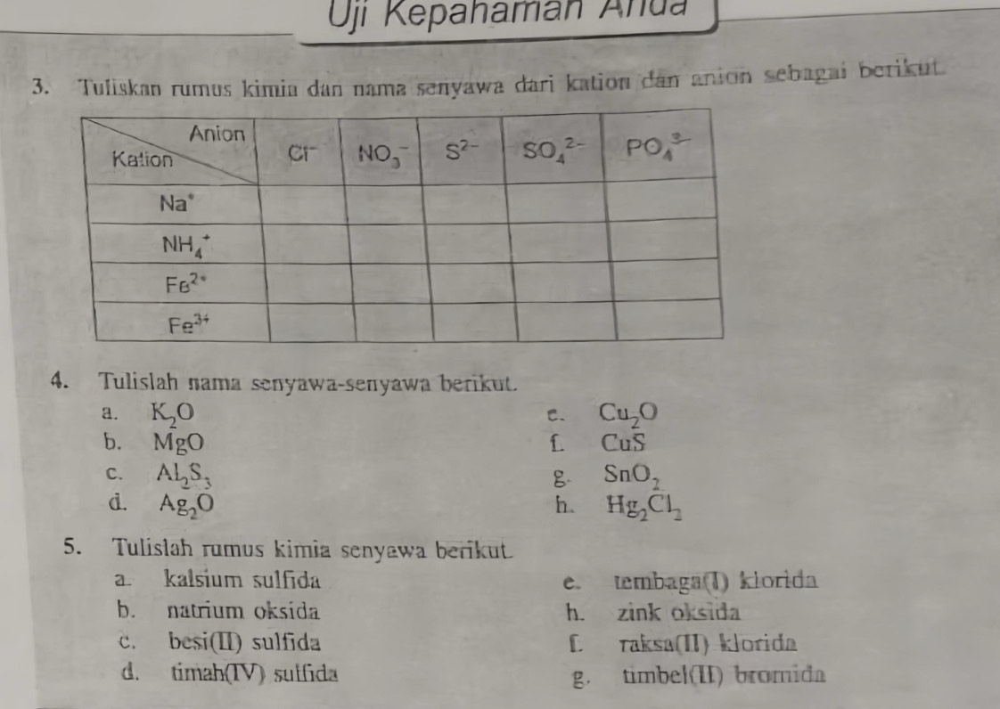 ji Kepahaman Anua
3. Tuliskan rumus kimia dan nama senyawa dari kation dan anion sebagai berikut
4. Tulislah nama senyawa-senyawa berikut.
a. K_2O C. Cu_2O
b. MgO L CuS
C. AL_2S_3 SnO_2
d. Ag_2O h. Hg_2Cl_2
5. Tulislah rumus kimia senyawa berikut
a. kalsium sulfida e. tembaga(1) klorida
b. natrium oksida h. zink oksida
c. besi(II) sulfida L raksa(II) klorida
d. timah(IV) suffida g. timbel(II) bromida