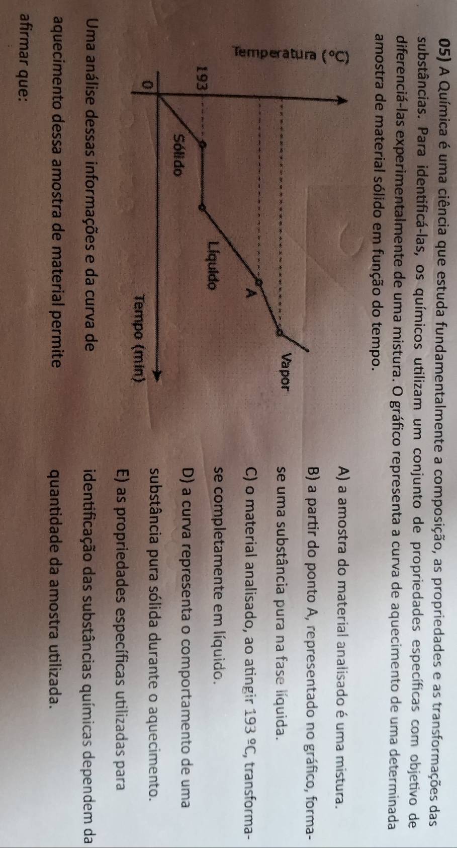 A Química é uma ciência que estuda fundamentalmente a composição, as propriedades e as transformações das
substâncias. Para identificá-las, os químicos utilizam um conjunto de propriedades específicas com objetivo de
diferenciá-las experimentalmente de uma mistura. O gráfico representa a curva de aquecimento de uma determinada
amostra de material sólido em função do tempo.
A) a amostra do material analisado é uma mistura.
B) a partir do ponto A, representado no gráfico, forma-
se uma substância pura na fase líquida.
C) o material analisado, ao atingin 193°C , transforma-
se completamente em líquido.
D) a curva representa o comportamento de uma
substância pura sólida durante o aquecimento.
E) as propriedades específicas utilizadas para
Uma análise dessas informações e da curva de identificação das substâncias químicas dependem da
aquecimento dessa amostra de material permite quantidade da amostra utilizada.
afirmar que: