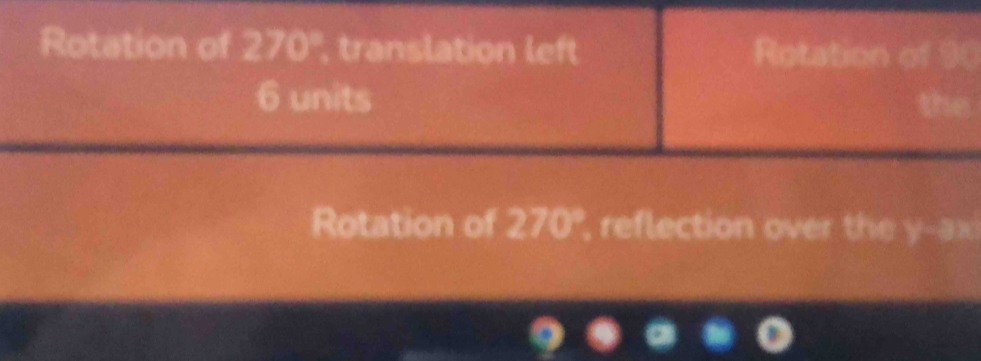 Rotation of 270° , translation left Rotation of 90
6 units the 
Rotation of 270°, reflection over the y-ax