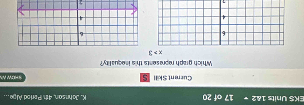EKS Units 1&2 、 17 of 20 K. Johnson, 4th Period Alge...
Current Skill $ SHOWAN
Which graph represents this inequality?
x>3
6
4
,
2