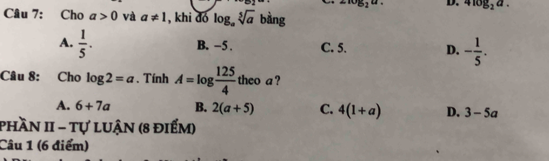 zlog _2a. 
D. 4log _2a. 
Câu 7: Cho a>0 và a!= 1 , khi đó log _asqrt[5](a) bàng
A.  1/5 . B. −5. C. 5. D. - 1/5 . 
Câu 8: Cho log 2=a. Tính A=log  125/4  theo a ?
A. 6+7a B. 2(a+5) C. 4(1+a) D. 3-5a
phần II - tự luận (8 điểm)
Câu 1 (6 điểm)