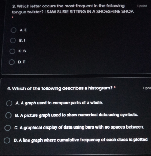 Which letter occurs the most frequent in the following 1 point
tongue twister? I SAW SUSIE SITTING IN A SHOESHINE SHOP.
A.E
B. 1
C.S
D. T
4. Which of the following describes a histogram? * 1 poi:
A. A graph used to compare parts of a whole.
B. A picture graph used to show numerical data using symbols.
C. A graphical display of data using bars with no spaces between.
D. A line graph where cumulative frequency of each class is plotted