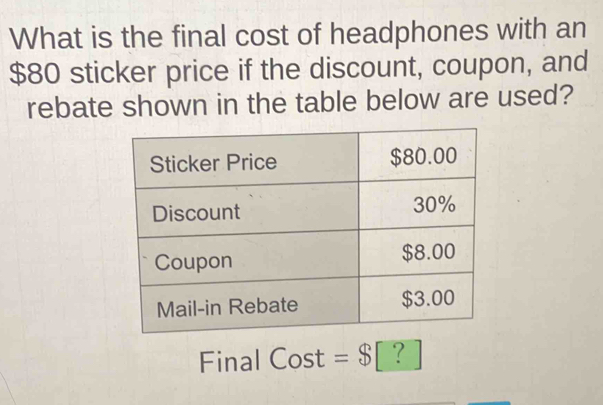 What is the final cost of headphones with an
$80 sticker price if the discount, coupon, and 
rebate shown in the table below are used? 
Final Cost=$[?]