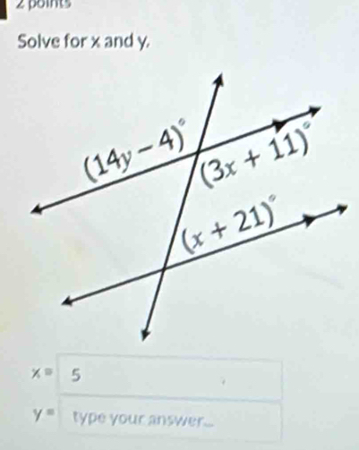 Solve for x and y.
x=
y= type your answer...