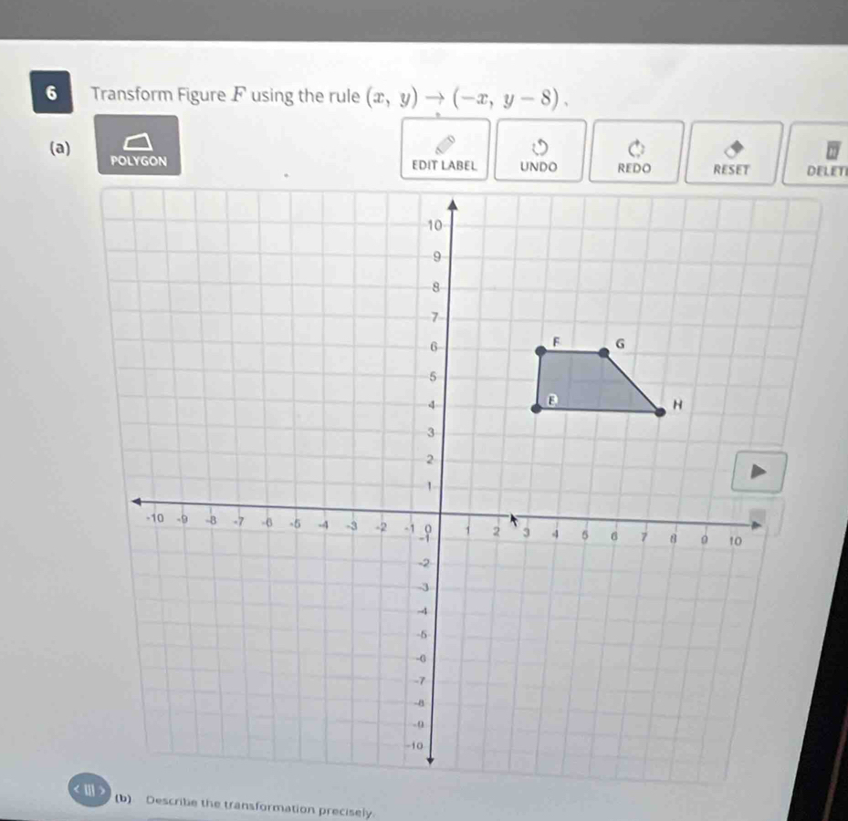 Transform Figure F using the rule (x,y)to (-x,y-8). 
(a) 
(b) Describe the transformation precisely.