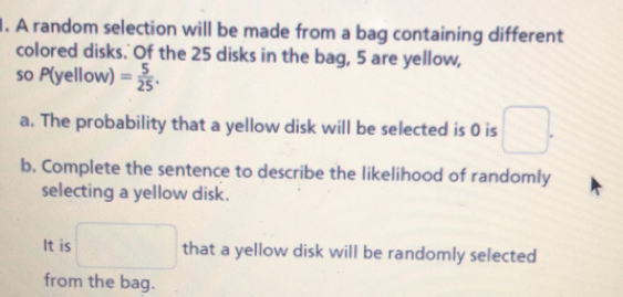 A random selection will be made from a bag containing different
colored disks. Of the 25 disks in the bag, 5 are yellow,
so P(yellow)= 5/25 
a. The probability that a yellow disk will be selected is 0 is .
b. Complete the sentence to describe the likelihood of randomly
selecting a yellow disk.
It is that a yellow disk will be randomly selected
from the bag.