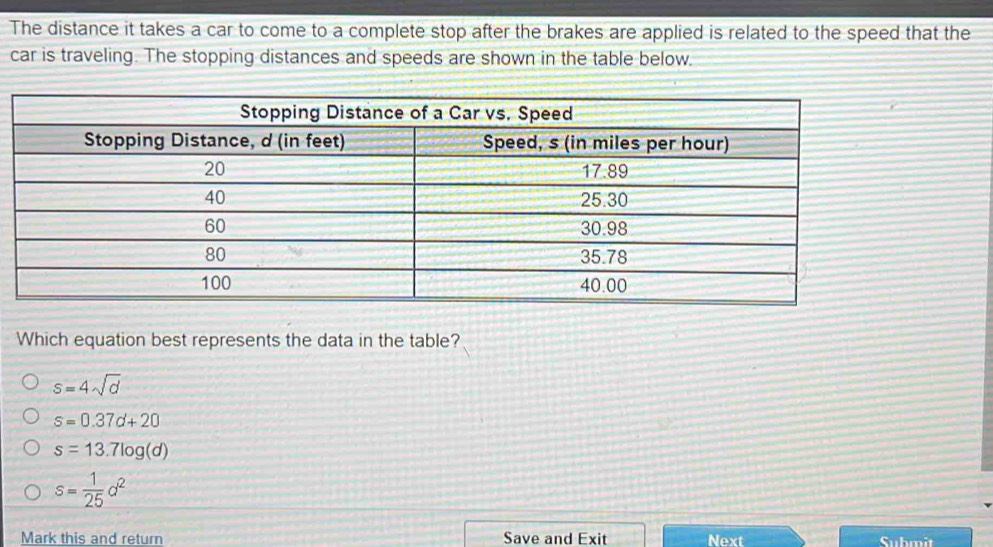 The distance it takes a car to come to a complete stop after the brakes are applied is related to the speed that the
car is traveling. The stopping distances and speeds are shown in the table below.
Which equation best represents the data in the table?
s=4sqrt(d)
s=0.37d+20
s=13.7log (d)
s= 1/25 d^2
Mark this and return Save and Exit Next SSubmit