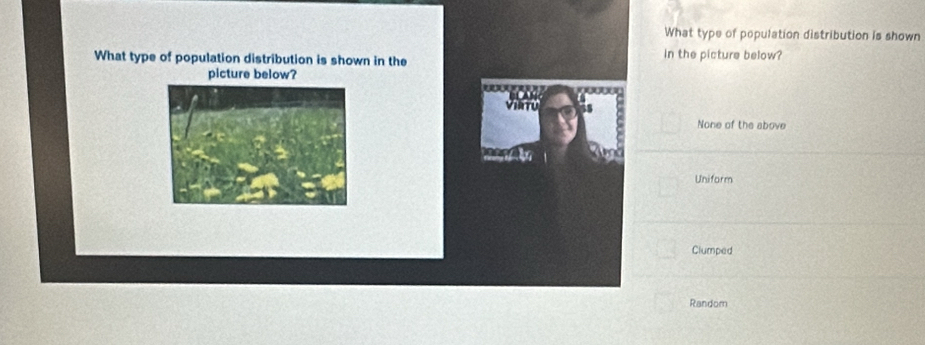 What type of population distribution is shown
What type of population distribution is shown in the in the picture below?
picture below?
ViaTu
None of the above
Uniform
Clumped
Random