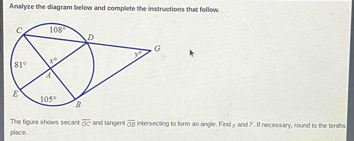 Analyze the diagram below and complete the instructions that follow.
The figure shows secant overline GC and tangent overline GB intersecting to form an angle. Findxand ). If necessary, round to the tenths
place.