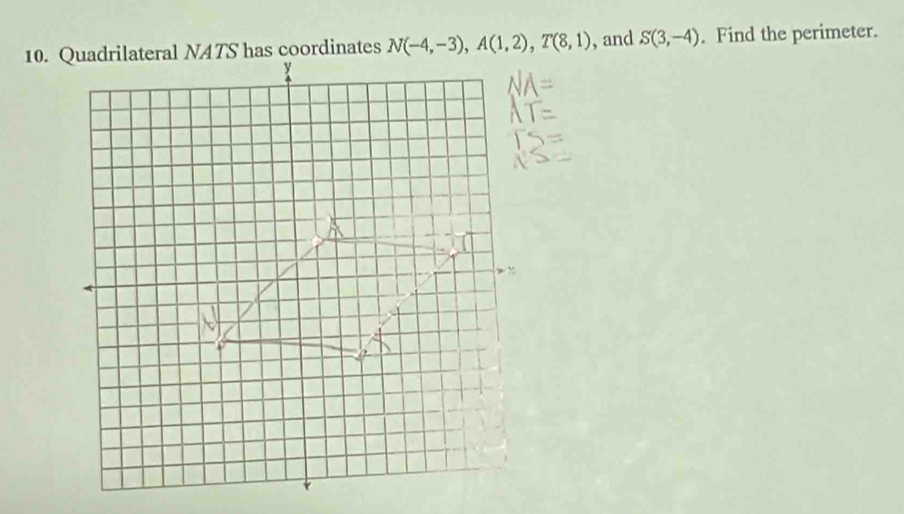 N(-4,-3), A(1,2), T(8,1) , and S(3,-4). Find the perimeter.