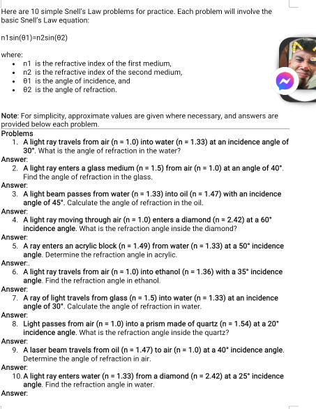 Solved: Here are 10 simple Snell's Law problems for practice. Each ...
