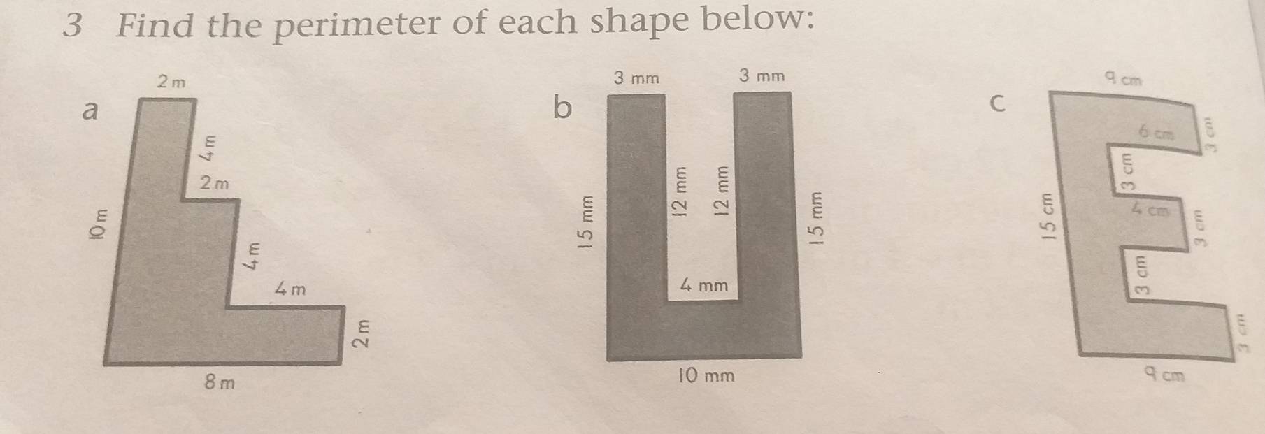 Find the perimeter of each shape below: