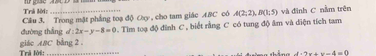 từ giác ABCD ' là nn 
Trã lời: 
Câu 3. Trong mặt phẳng toạ độ Oxy , cho tam giác ABC có A(2;2), B(1;5) và đỉnh C nằm trên 
đường thẳng đ : 2x-y-8=0. Tìm toạ độ đỉnh C , biết rằng C có tung độ âm và diện tích tam 
giác ABC bằng 2. 
Trã lời: _ d· 2x+y-4=0