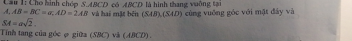 Cầu 1: Cho hình chóp S. ABCD có ABCD là hình thang vuông tại 
A, AB=BC=a; AD=2AB và hai mặt bến (SAB),(SAD) cùng vuông góc với mặt đáy và
SA=asqrt(2). 
Tính tang của góc φ giữa (SBC) và (ABCD) .