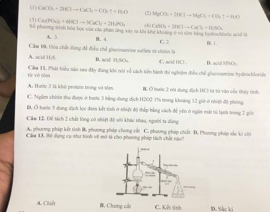 (1) CaCO_3+2HClto CaCl_2+CO_2uparrow +H_2O (2) MgCO_3+2HClto MgCl_2+CO_2uparrow +H_2O
(3) Ca_3(PO_4)_2+6HClto 3CaCl_2+2H_3PO_4 (4) CaSO_4+2HClto CaCl_2+H_2SO_4
Số phương trình hóa học của các phản ứng xảy ra khi khử khoáng ở vỏ tôm bằng hydrochloric acid là
A. 3. B. 4. C. 2. D. 1.
Câu 10. Hóa chất dùng để điều chế glucosamine sulfate từ chitin là
A. acid H_2S. B. acid H_2SO_4. C. acid HCl . D. acid HNO_3.
Câu 11. Phát biểu nào sau đây đúng khi nói về cách tiến hành thí nghiệm điều chế glucosamine hydrochloride
từ vò tôm
A. Bước 3 là khử protein trong vỏ tôm. B. Ở bước 2 rót dung dịch HCl từ từ vào cốc thủy tinh.
C. Ngâm chitin thu được ở bước 3 bằng dung dịch H2O2 1% trong khoảng 12 giờ ở nhiệt độ phòng.
D. Ở bước 5 dung dịch lọc đem kết tinh ở nhiệt độ thấp bằng cách để yên ở ngăn mát tủ lạnh trong 2 giờ.
Câu 12. Để tách 2 chất lỏng có nhiệt độ sôi khác nhau, người ta dùng
A. phương pháp kết tinh B. phương pháp chưng cất C. phương pháp chiết D. Phương pháp sắc kí cột
Câu 13. Bộ dụng cụ như hình vẽ mô tả cho phương pháp tách chất nào?
A. Chiết B. Chưng cất C. Kết tinh D. Sắc kí