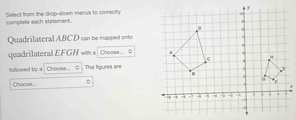 Select from the drop-down menus to correctly 
complete each statement. 
Quadrilateral ABCD can be mapped onto 
quadrilateral EFGH with a Choose... 
followed by a Choose... . The figures are 
Choose...
x