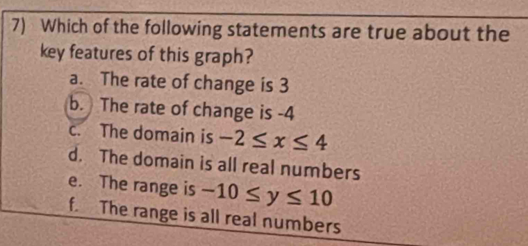 Which of the following statements are true about the
key features of this graph?
a. The rate of change is 3
b. The rate of change is -4
c. The domain is -2≤ x≤ 4
d. The domain is all real numbers
e. The range is -10≤ y≤ 10
f. The range is all real numbers