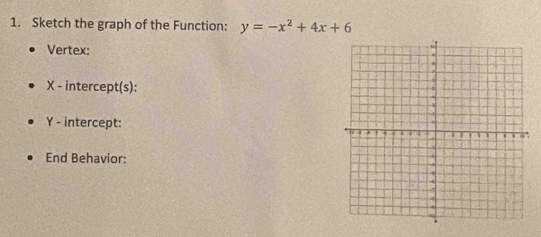 Sketch the graph of the Function: y=-x^2+4x+6
Vertex:
X - intercept(s):
Y - intercept: 
End Behavior: