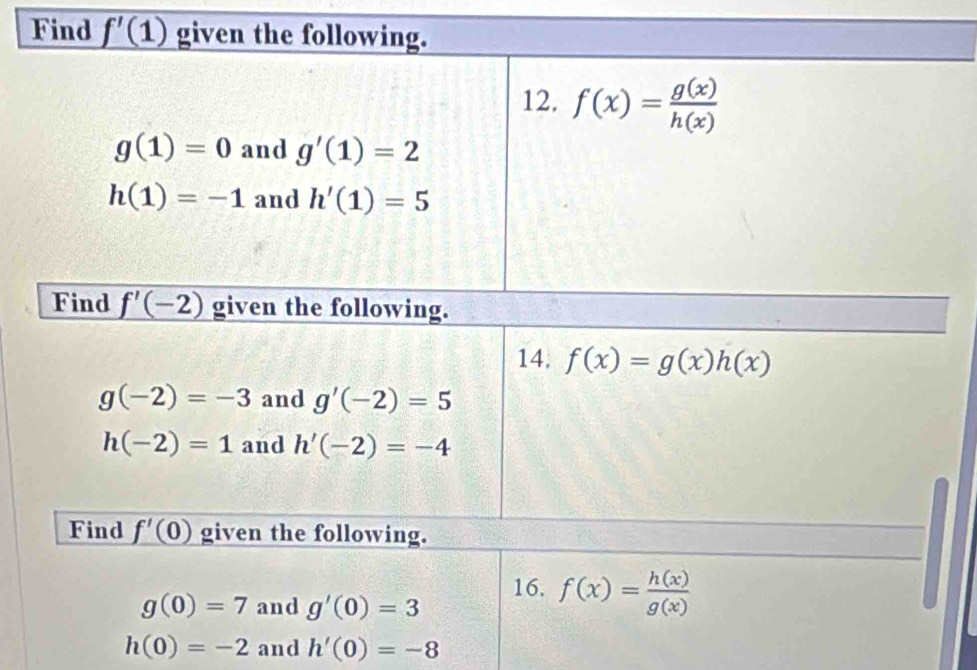 Find f'(1) given the following. 
12. f(x)= g(x)/h(x) 
g(1)=0 and g'(1)=2
h(1)=-1 and h'(1)=5
Find f'(-2) given the following. 
14. f(x)=g(x)h(x)
g(-2)=-3 and g'(-2)=5
h(-2)=1 and h'(-2)=-4
Find f'(0) given the following.
g(0)=7 and g'(0)=3 16. f(x)= h(x)/g(x) 
h(0)=-2 and h'(0)=-8