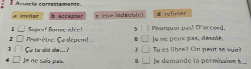 Associa correttamente.
inviter b accepter c être indécis(e) d refuser
1 Super! Bonne idée! 5 Pourquoi pas! D'accord.
2 Peut-être. Ça dépend... 6 Je ne peux pas, désolé.
3 Ça te dit de...? 7 Tu es libre? On peut se voir?
4 Je ne sais pas. 8 Je demande la permission à...